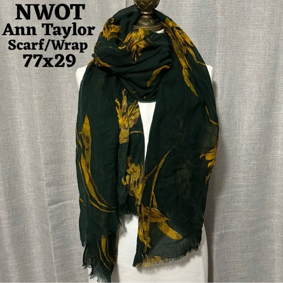 NWOT Ann Taylor Scarf/Wrap-Floral/Green&Yellow-77x29-Frayed Edge-Semi Sheer - Picture 1 of 16